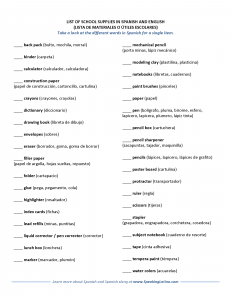 Printable List of School Supplies in Spanish and English