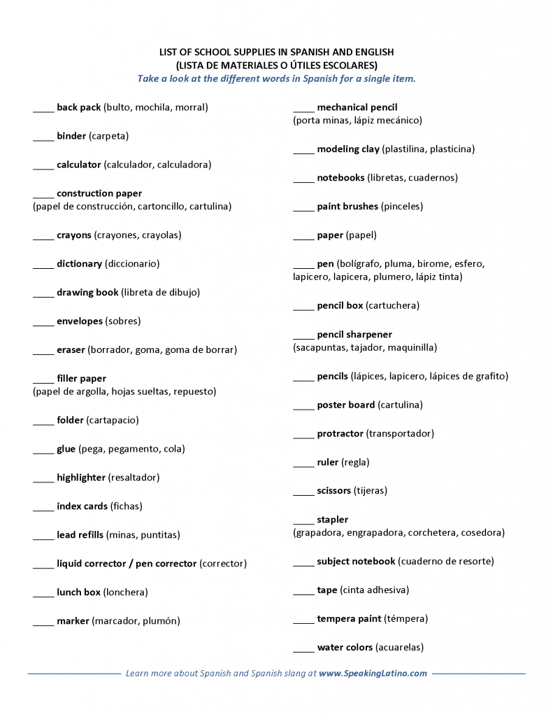 Printable List of School Supplies in Spanish and English