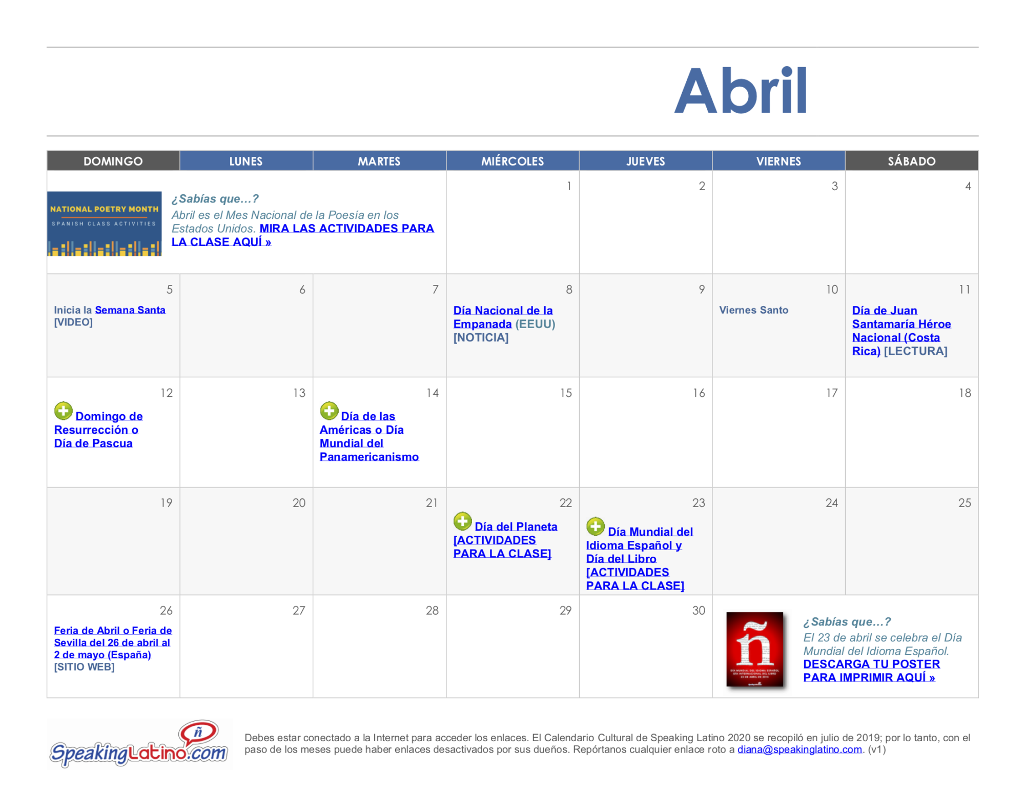 Speaking Latino Cultural Calendar